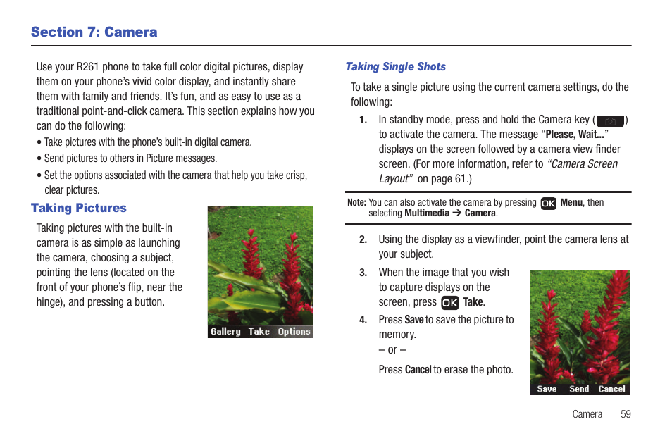 Section 7: camera, Taking pictures | Samsung SCH-R261BSAXAR User Manual | Page 63 / 134