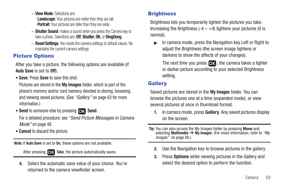 Picture options, Brightness, Gallery | Picture options brightness gallery | Samsung SCH-R261BSAXAR User Manual | Page 67 / 134