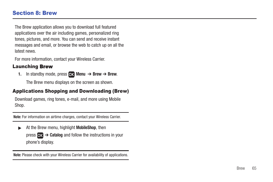 Section 8: brew, Launching brew, Applications shopping and downloading (brew) | Samsung SCH-R261BSAXAR User Manual | Page 69 / 134