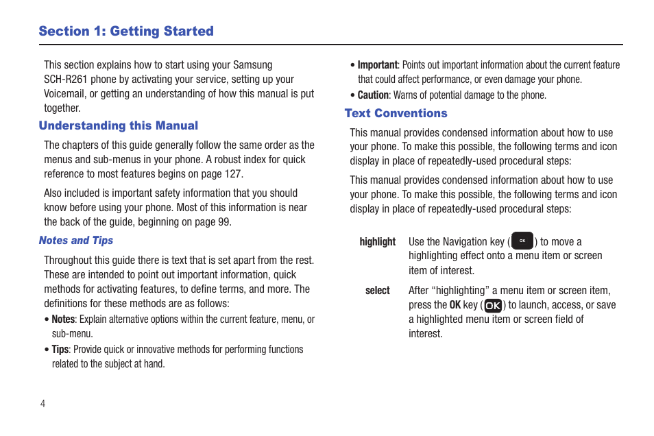 Section 1: getting started, Understanding this manual, Text conventions | Understanding this manual text conventions | Samsung SCH-R261BSAXAR User Manual | Page 8 / 134