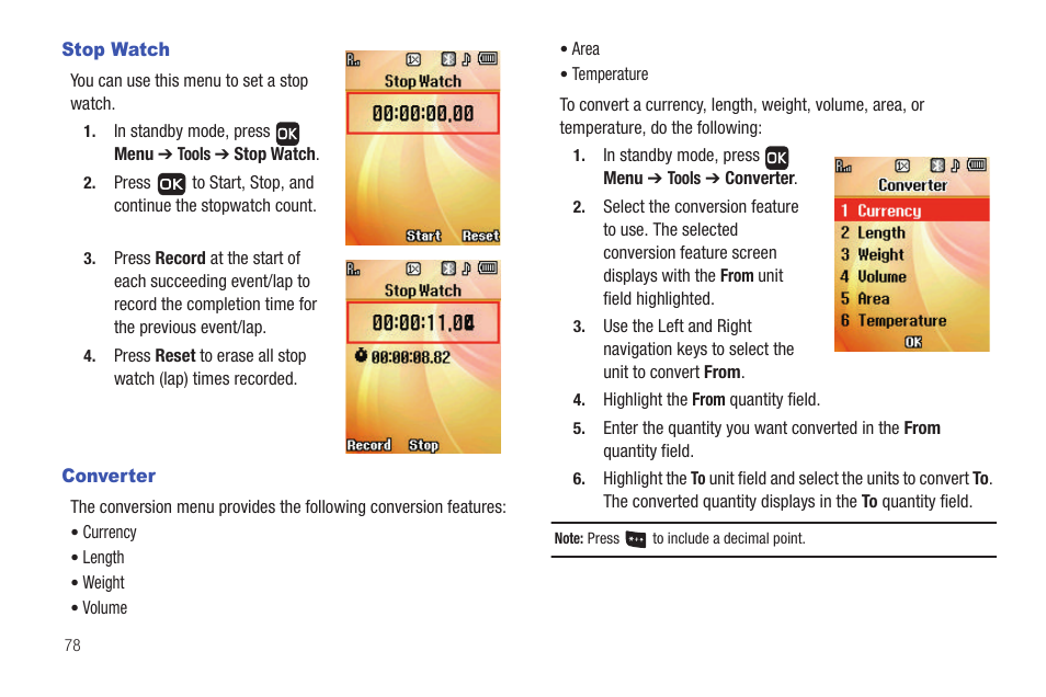 Stop watch, Converter, Stop watch converter | Samsung SCH-R261BSAXAR User Manual | Page 82 / 134