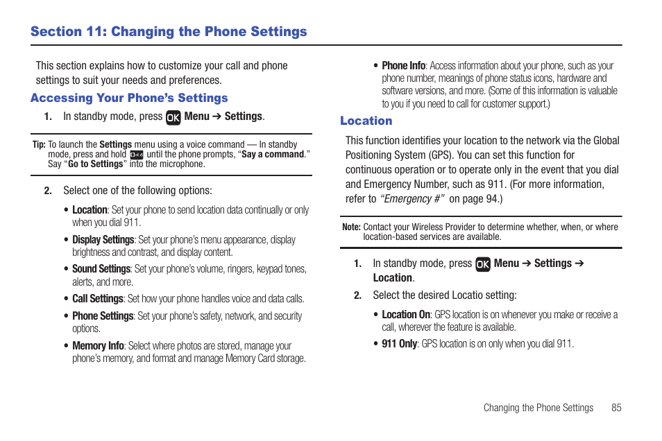 Section 11: changing the phone settings, Accessing your phone’s settings, Location | Accessing your phone’s settings location | Samsung SCH-R261BSAXAR User Manual | Page 89 / 134