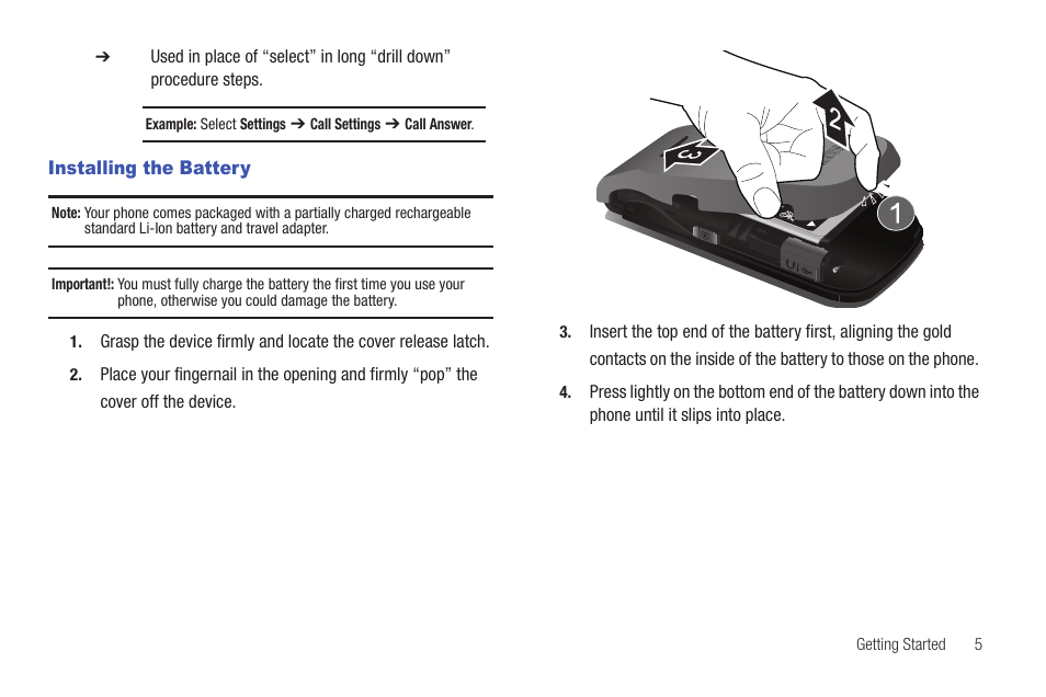 Installing the battery | Samsung SCH-R261BSAXAR User Manual | Page 9 / 134