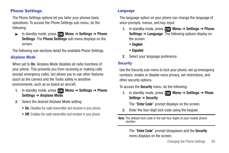 Phone settings | Samsung SCH-R261BSAXAR User Manual | Page 97 / 134