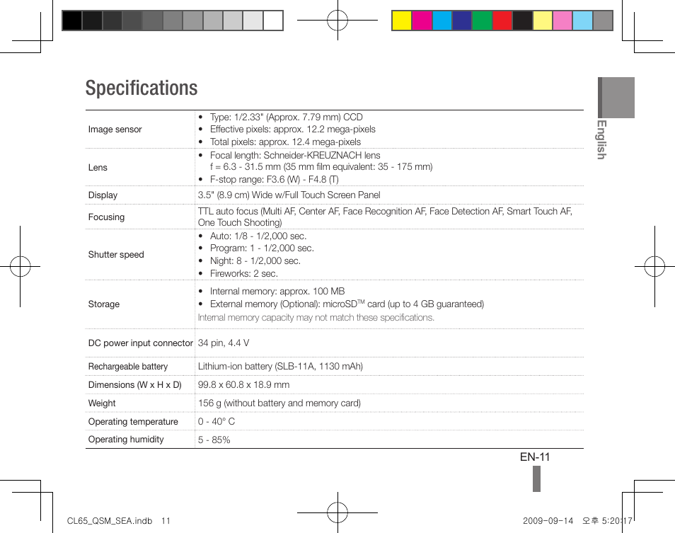 Specifications, English | Samsung EC-CL65ZZBPRUS User Manual | Page 11 / 24