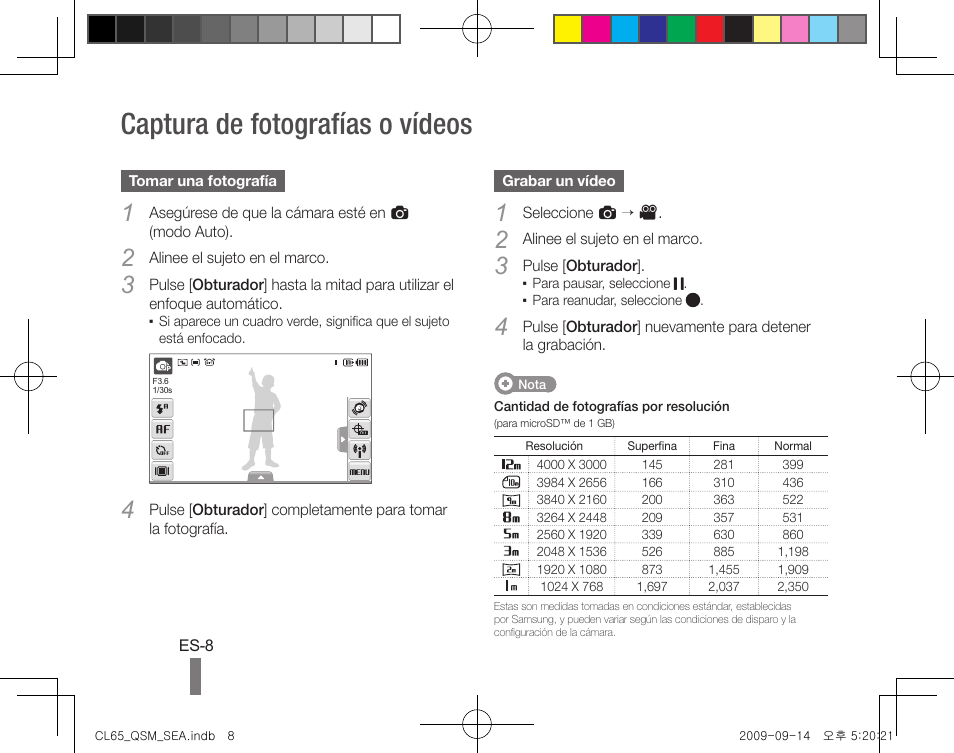 Captura de fotografías o vídeos | Samsung EC-CL65ZZBPRUS User Manual | Page 18 / 24