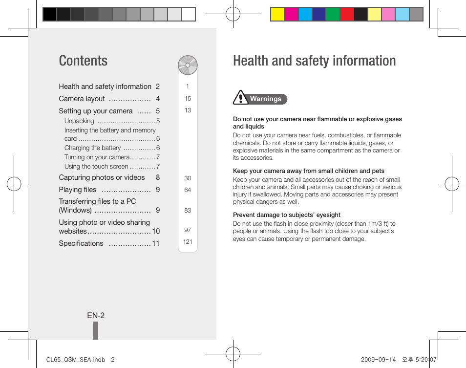 Health and safety information contents | Samsung EC-CL65ZZBPRUS User Manual | Page 2 / 24