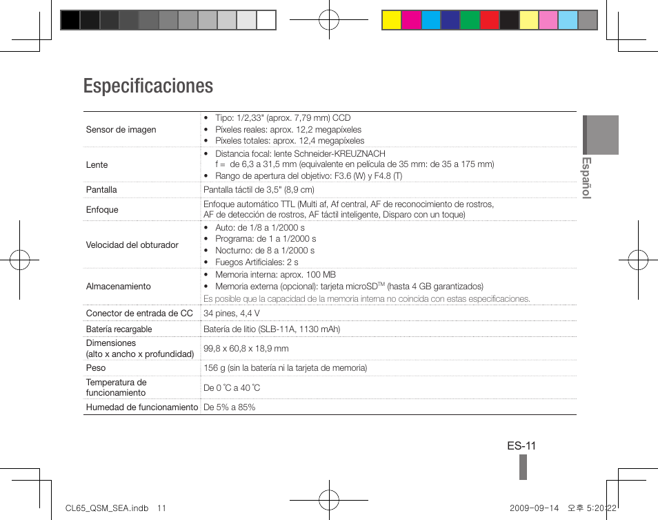 Especificaciones, Español | Samsung EC-CL65ZZBPRUS User Manual | Page 21 / 24