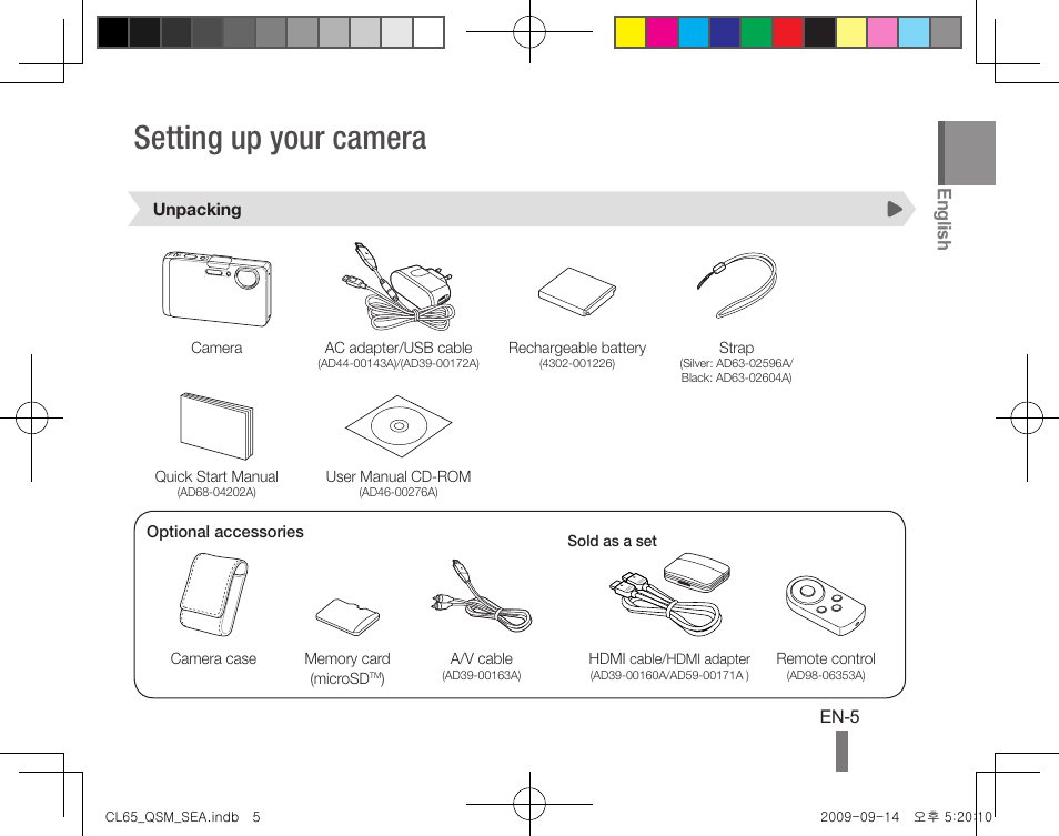 Setting up your camera, English | Samsung EC-CL65ZZBPRUS User Manual | Page 5 / 24