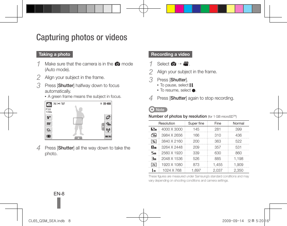 Capturing photos or videos | Samsung EC-CL65ZZBPRUS User Manual | Page 8 / 24