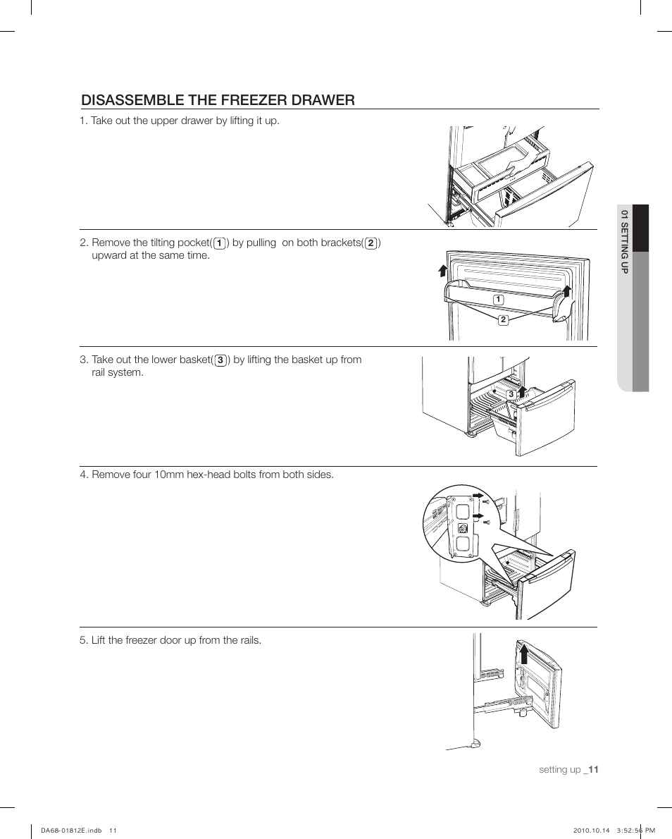 Disasemble the fre zer drawer, Disassemble the freezer drawer | Samsung RF267AEPN-XAA User Manual | Page 11 / 44