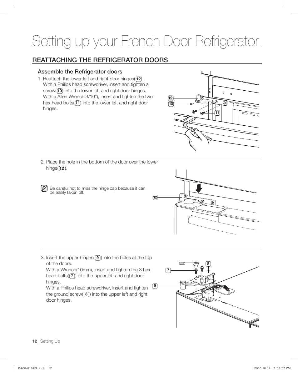 Reatta ching the ref rige rato r do rs, Setting up your french door refrigerator, Reattaching the refrigerator doors | Samsung RF267AEPN-XAA User Manual | Page 12 / 44