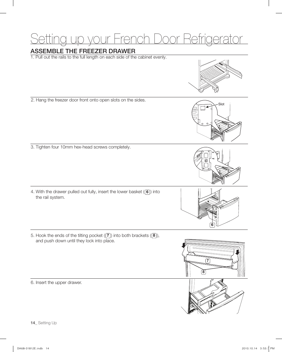 Asemble the freezer drawer, Setting up your french door refrigerator, Assemble the freezer drawer | Samsung RF267AEPN-XAA User Manual | Page 14 / 44