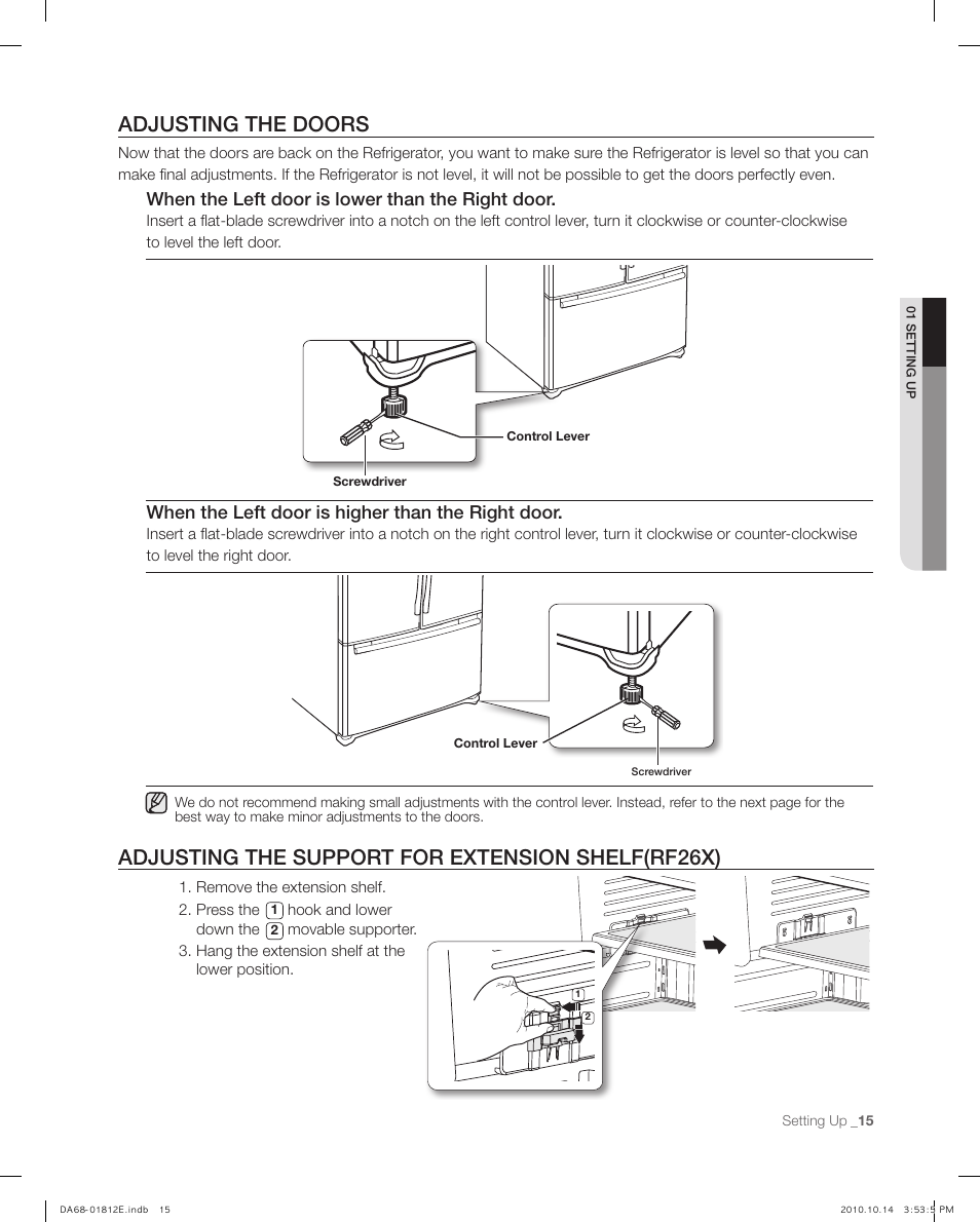 Adjusting the dors, Adjusting the suport for e xtension shelf (rf26x), Adjusting the doors | Adjusting the support for extension shelf(rf26x), When the left door is lower than the right door, When the left door is higher than the right door | Samsung RF267AEPN-XAA User Manual | Page 15 / 44