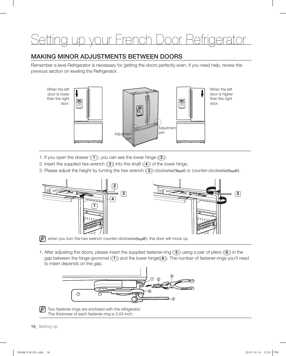 Making minor adjustments between doors, Setting up your french door refrigerator | Samsung RF267AEPN-XAA User Manual | Page 16 / 44