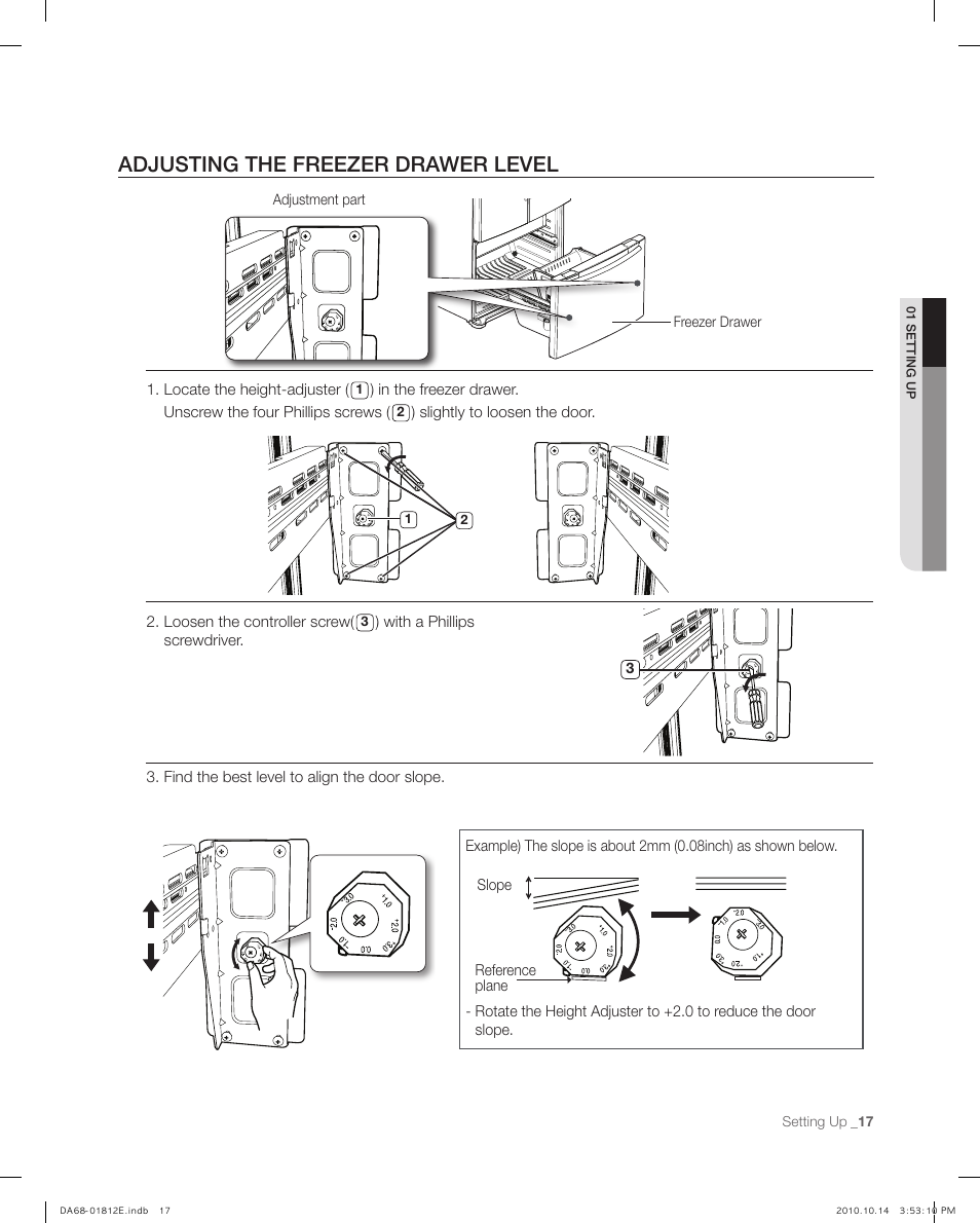 Adjusting the freezer drawer level | Samsung RF267AEPN-XAA User Manual | Page 17 / 44