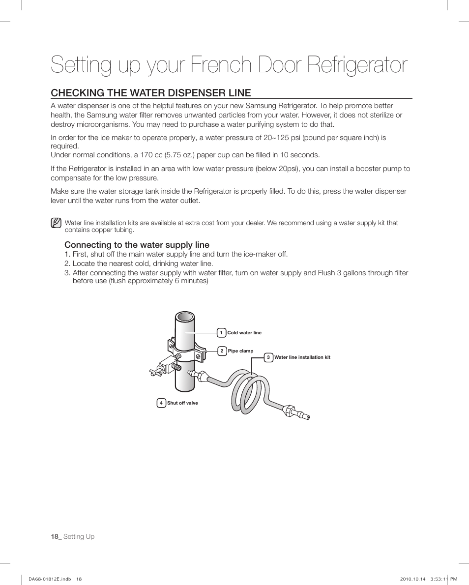 Checking the water dispenser line, Setting up your french door refrigerator | Samsung RF267AEPN-XAA User Manual | Page 18 / 44