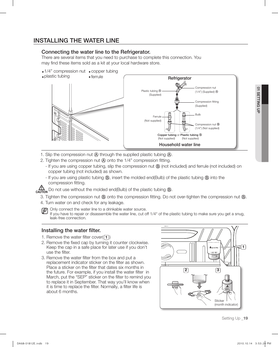 Installing the water line, Connecting the water line to the refrigerator, Installing the water filter | Samsung RF267AEPN-XAA User Manual | Page 19 / 44