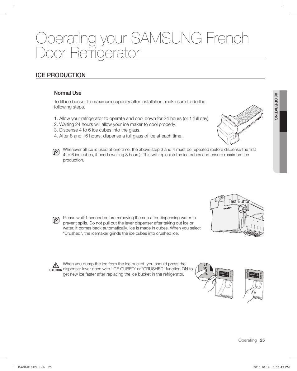 Ice production, Operating your samsung french door refrigerator | Samsung RF267AEPN-XAA User Manual | Page 25 / 44