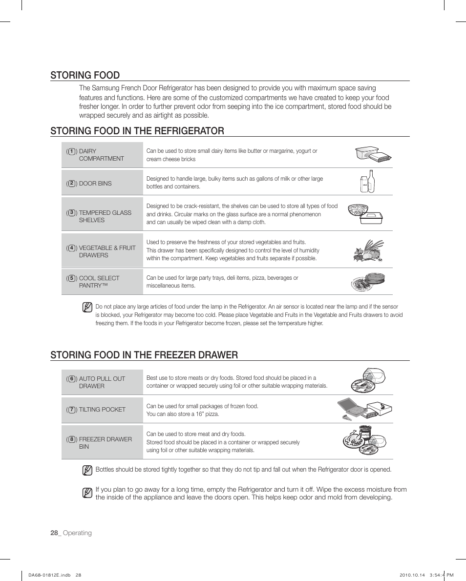 Storing food, Storing food in the refrigerator, Storing food in the fre zer drawer | Storing food storing food in the refrigerator, Storing food in the freezer drawer | Samsung RF267AEPN-XAA User Manual | Page 28 / 44