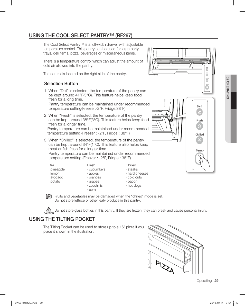 Using the cool select pantry™ (rf267), Using the tilting pocket, Selection button | Samsung RF267AEPN-XAA User Manual | Page 29 / 44