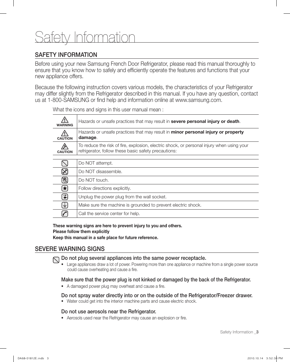 Safety information, Severe wa rning signs, Severe warning signs | Samsung RF267AEPN-XAA User Manual | Page 3 / 44