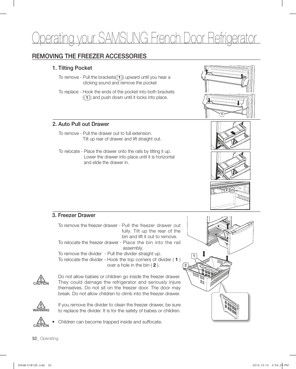 Removing the freezer accessories, Operating your samsung french door refrigerator | Samsung RF267AEPN-XAA User Manual | Page 32 / 44