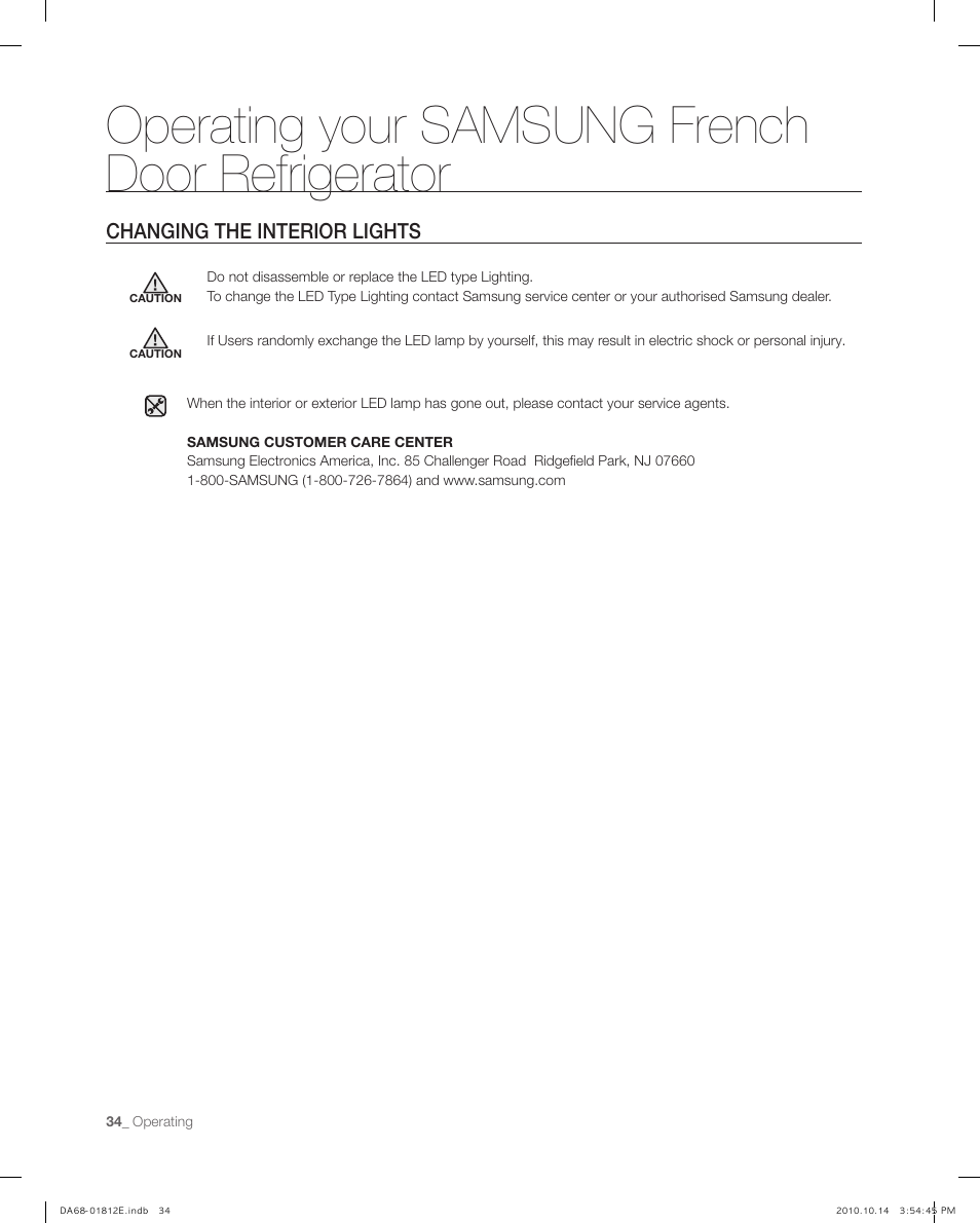 Changing the interior lights, Operating your samsung french door refrigerator | Samsung RF267AEPN-XAA User Manual | Page 34 / 44