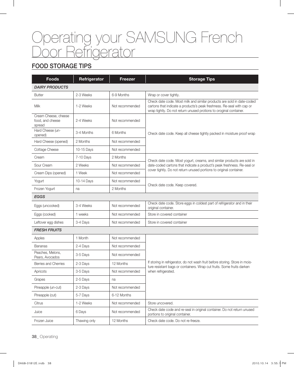 Operating your samsung french door refrigerator, Food storage tips | Samsung RF267AEPN-XAA User Manual | Page 38 / 44