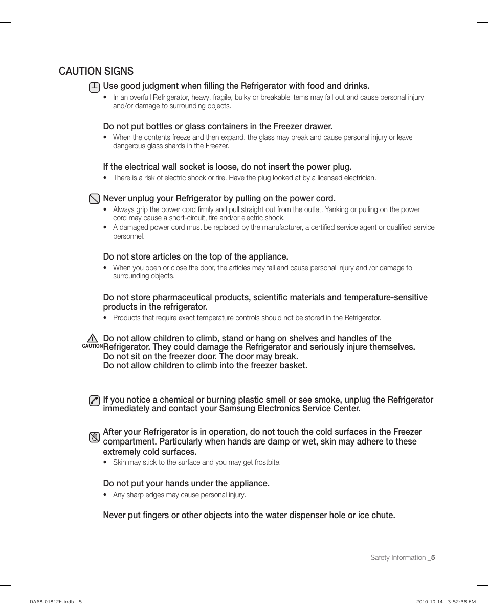 Caution signs | Samsung RF267AEPN-XAA User Manual | Page 5 / 44