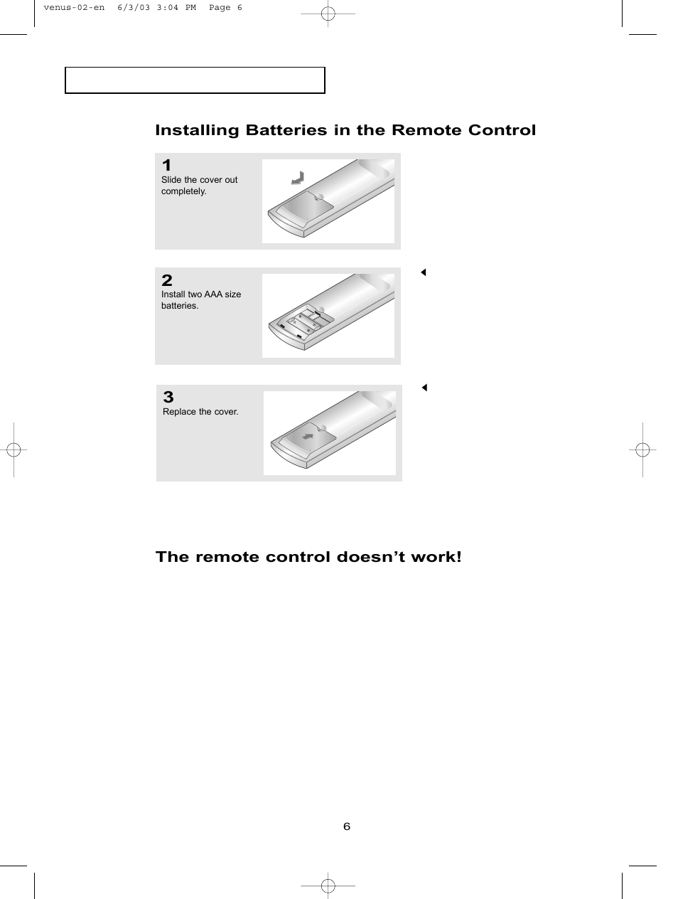 Installing batteries in the remote control, The remote control doesn’t work | Samsung LTN406WX-XAC User Manual | Page 13 / 81