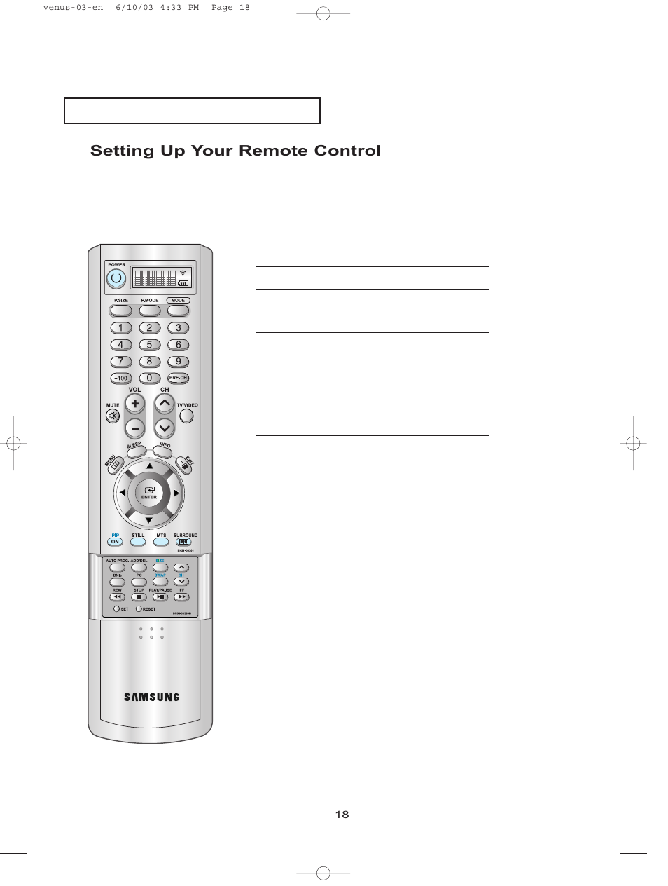 Setting up your remote control | Samsung LTN406WX-XAC User Manual | Page 25 / 81