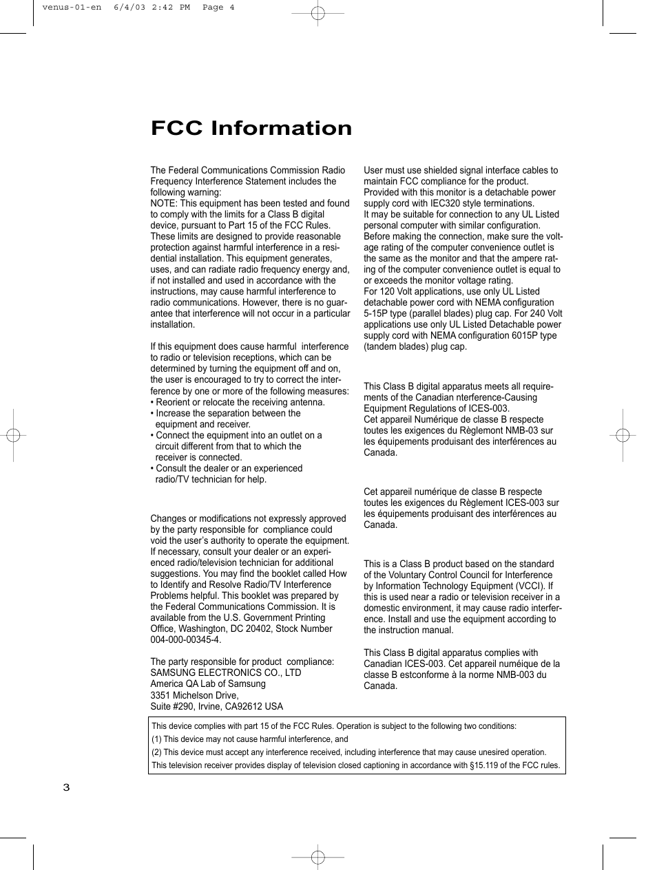 Fcc information | Samsung LTN406WX-XAC User Manual | Page 4 / 81