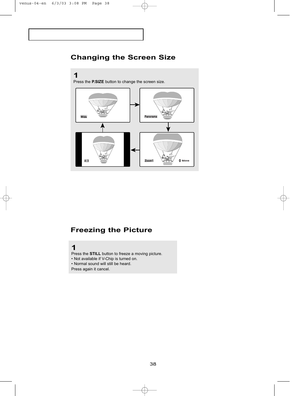 Freezing the picture, Changing the screen size | Samsung LTN406WX-XAC User Manual | Page 45 / 81