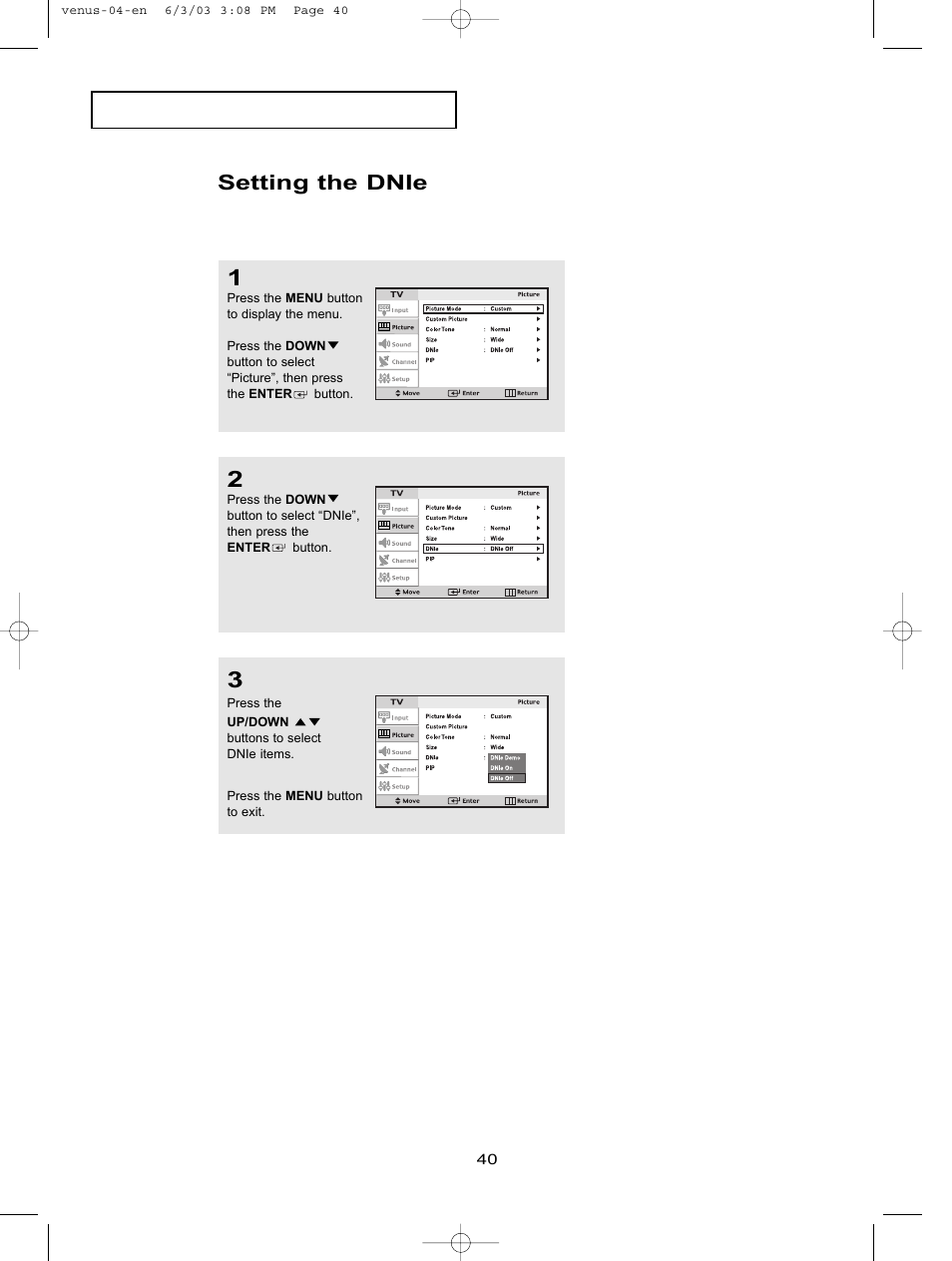 Setting the dnie | Samsung LTN406WX-XAC User Manual | Page 47 / 81