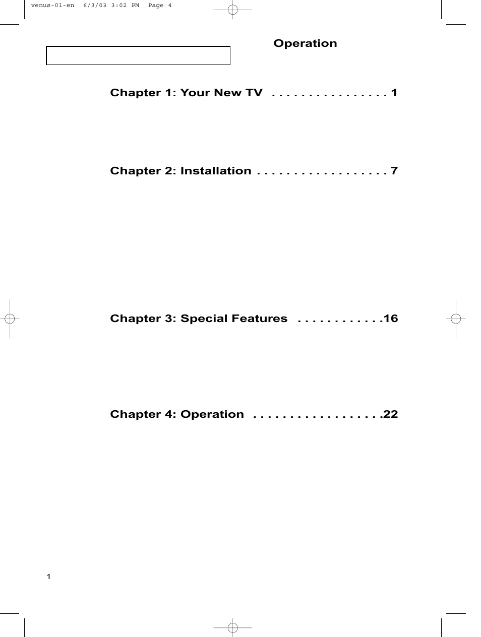 Chapter 1: your new tv, Chapter 2: installation, Chapter 3: special features | Chapter 4: operation, Operation | Samsung LTN406WX-XAC User Manual | Page 6 / 81