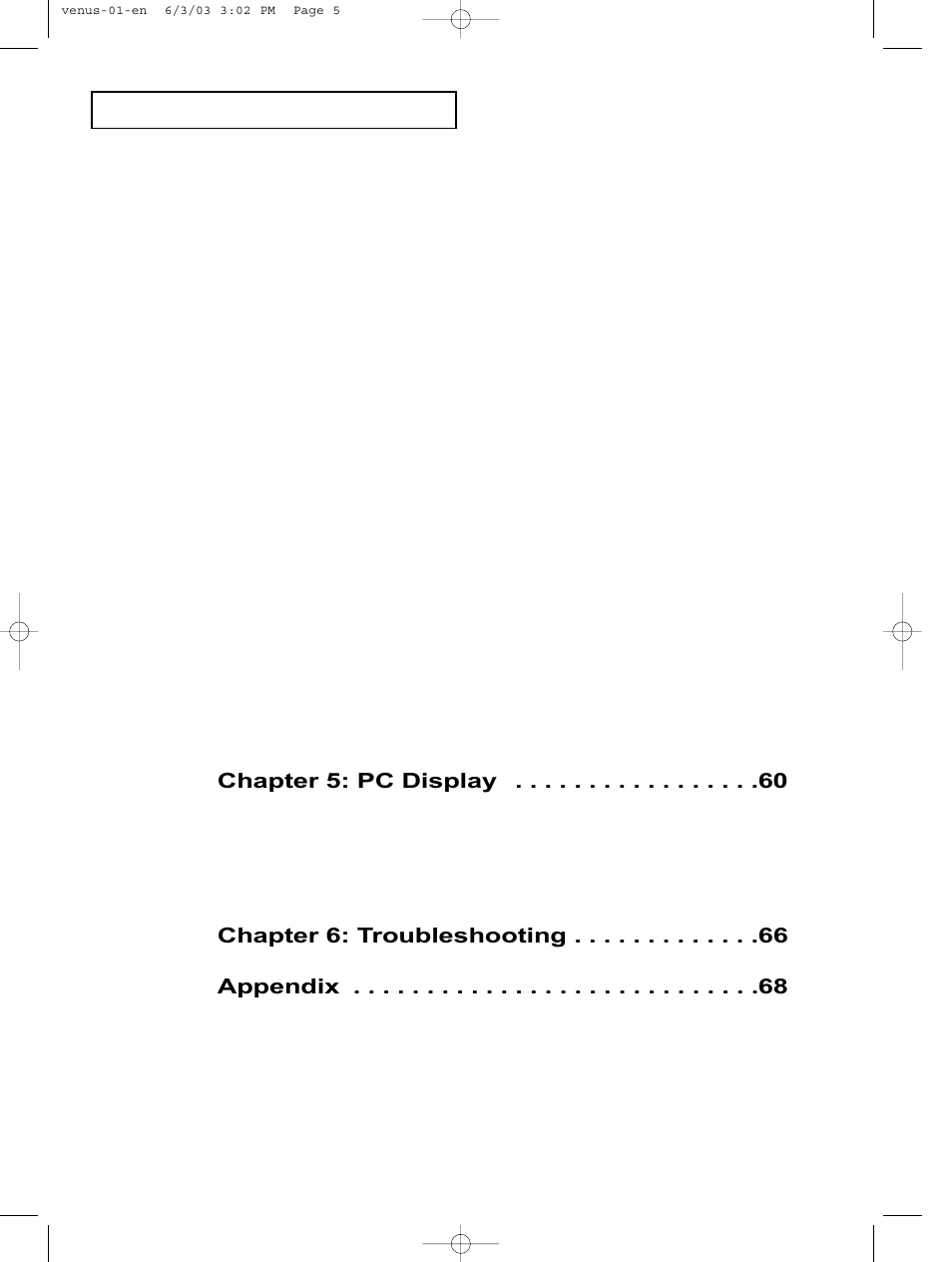 Chapter 5: pc display, Chapter 6: troubleshooting, Appendix | Samsung LTN406WX-XAC User Manual | Page 7 / 81