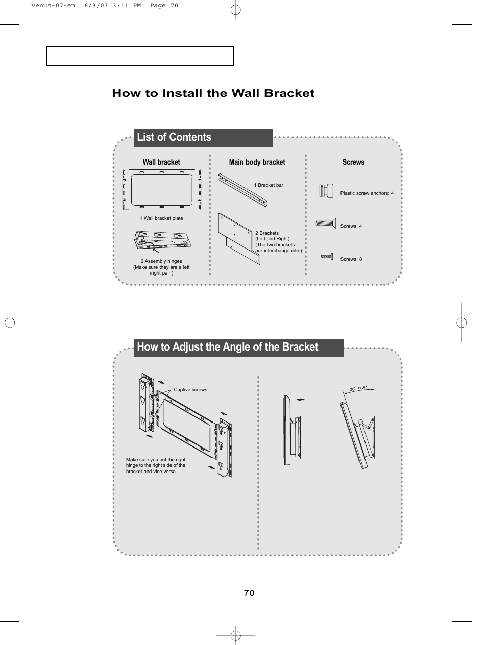 List of contents, How to adjust the angle of the bracket, How to install the wall bracket | Samsung LTN406WX-XAC User Manual | Page 77 / 81