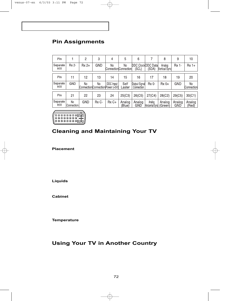 Pin assignments, Cleaning and maintaining your tv, Using your tv in another country | Samsung LTN406WX-XAC User Manual | Page 79 / 81