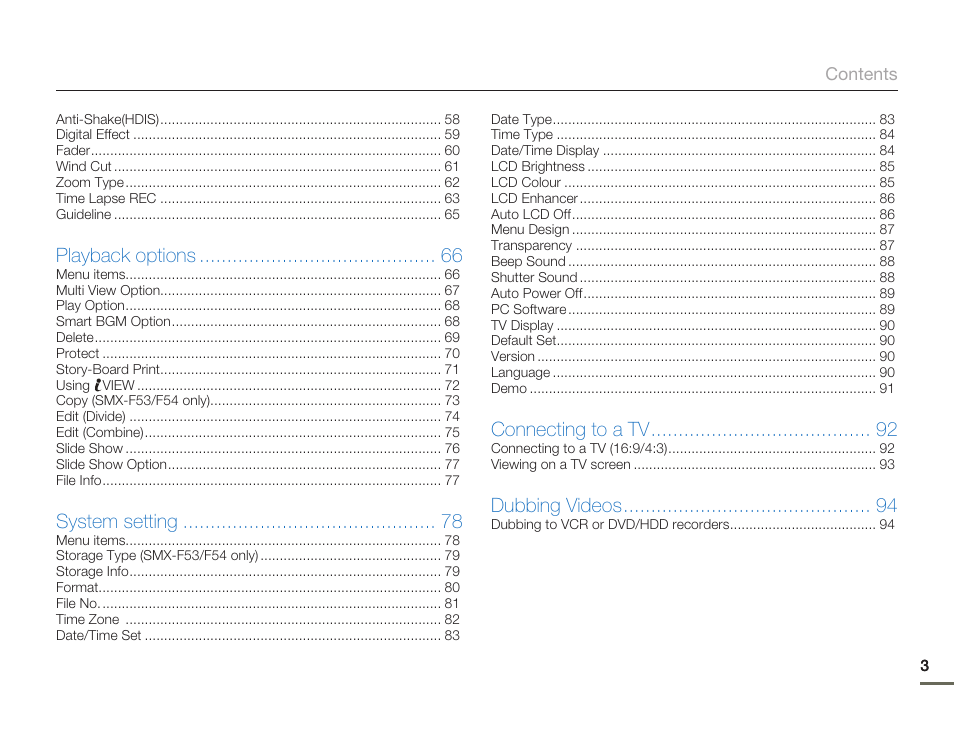 Playback options, System setting, Connecting to a tv | Dubbing videos | Samsung SMX-F54BN-XAA User Manual | Page 10 / 124