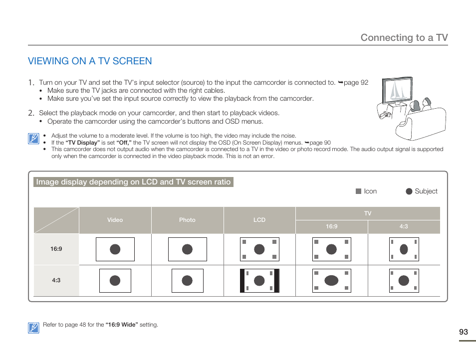 Viewing on a tv screen, Connecting to a tv, Image display depending on lcd and tv screen ratio | Card car d, Icon, Subject | Samsung SMX-F54BN-XAA User Manual | Page 100 / 124