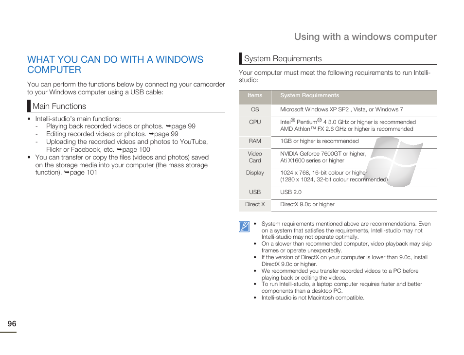 What you can do with a windowscomputer, What you can do with a windows computer, Using with a windows computer | Samsung SMX-F54BN-XAA User Manual | Page 103 / 124