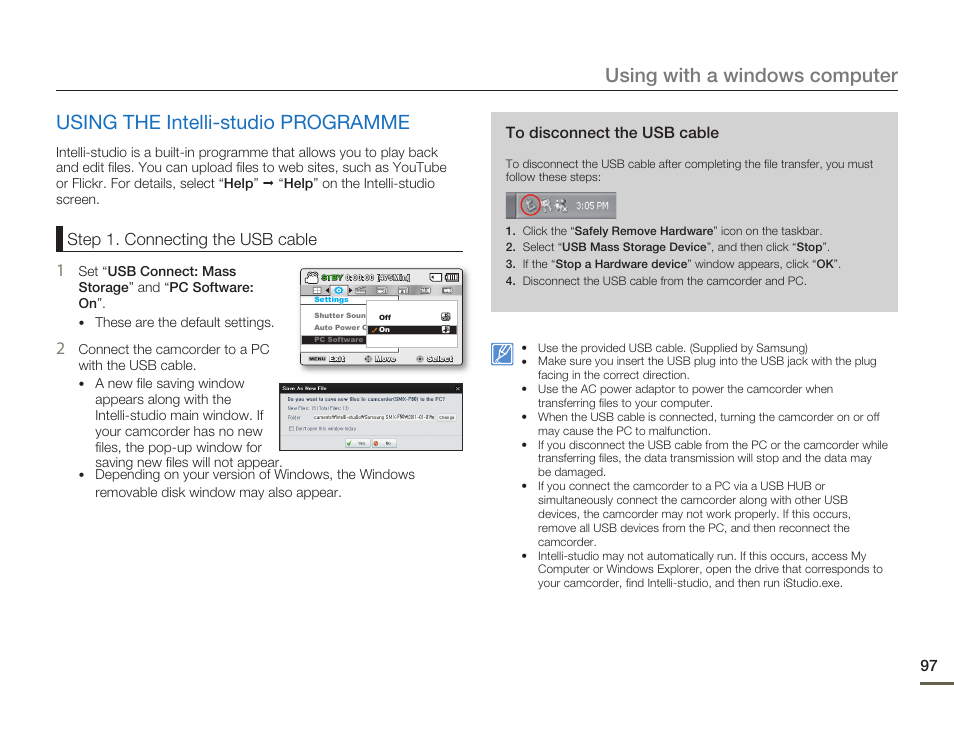Using the intelli-studio programme, Using with a windows computer, Step 1. connecting the usb cable | Samsung SMX-F54BN-XAA User Manual | Page 104 / 124