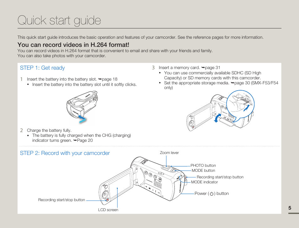 Quick start guide, You can record videos in h.264 format | Samsung SMX-F54BN-XAA User Manual | Page 12 / 124