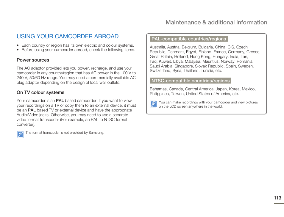 Using your camcorder abroad | Samsung SMX-F54BN-XAA User Manual | Page 120 / 124