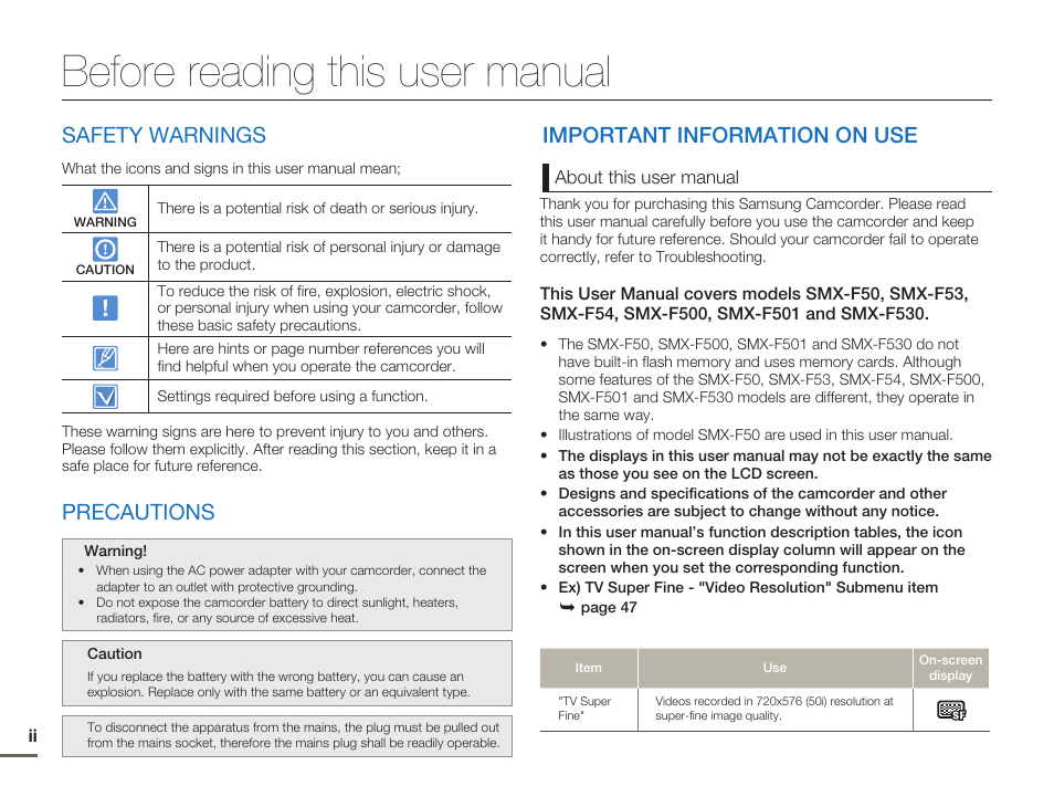 Before reading this user manual, Safety warnings, Precautions | Important information on use | Samsung SMX-F54BN-XAA User Manual | Page 2 / 124