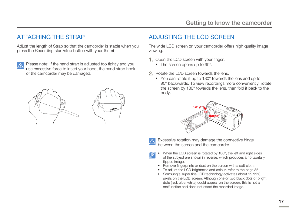 Attaching the strap, Adjusting the lcd screen, Getting to know the camcorder | Samsung SMX-F54BN-XAA User Manual | Page 24 / 124