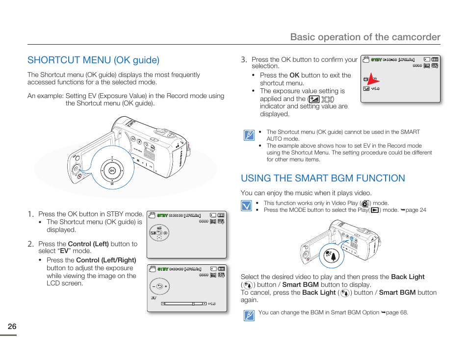 Shortcut menu (ok guide), Using the smart bgm function, Basic operation of the camcorder | Samsung SMX-F54BN-XAA User Manual | Page 33 / 124