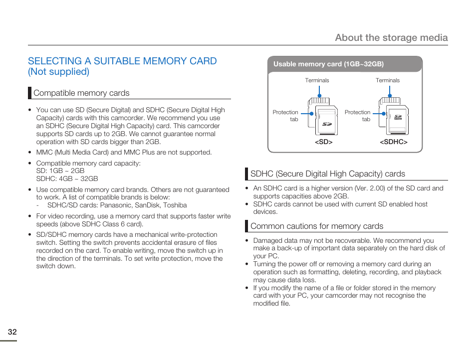 Selecting a suitable memory card(not supplied), About the storage media | Samsung SMX-F54BN-XAA User Manual | Page 39 / 124