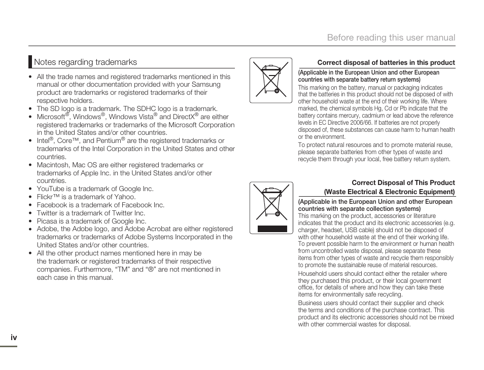 Before reading this user manual | Samsung SMX-F54BN-XAA User Manual | Page 4 / 124